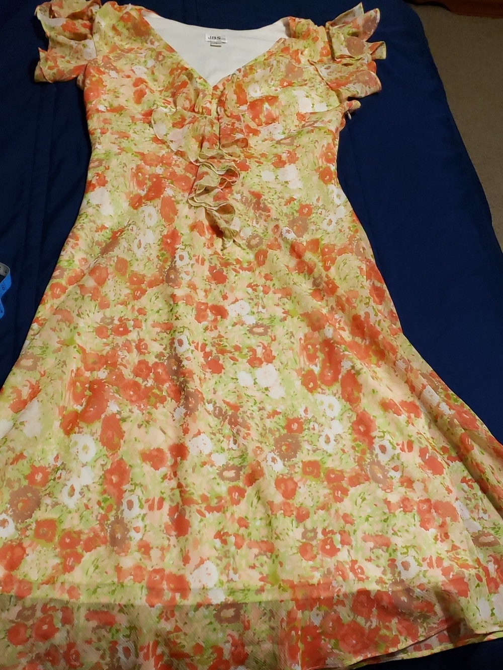 J.B.S. Orange and Lime Floral Ruffle V-Neck Dress